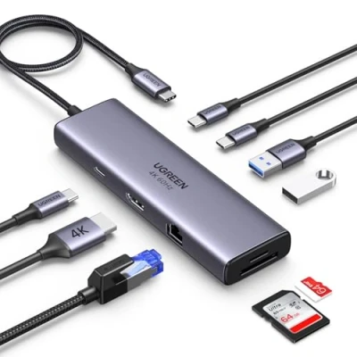 Immagine di UGREEN Revodok 109 Hub USB C HDMI 4K60Hz Ethernet Gigabit Adattatore a e 2 3.0 con Lettore Schede SD TF PD 100W Carica Compatibile MacBook Pro Air M3 M2 iPhone 16 Plus Max
