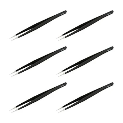 Immagine di Aoje Link ESD 11 Pinzette professionali anti statica, punta fine non magnetica, con rivestimento in plastica acciaio inox, lunghezza totale 142 mm, nero, 6 pezzi