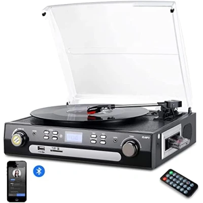 Immagine di DIGITNOW Vinil pikap Bluetooth çalar Stereo hoparlörlü, 3 hız kademesi, kaset AM/FM radyo vinil, MP3 USB kodlaması