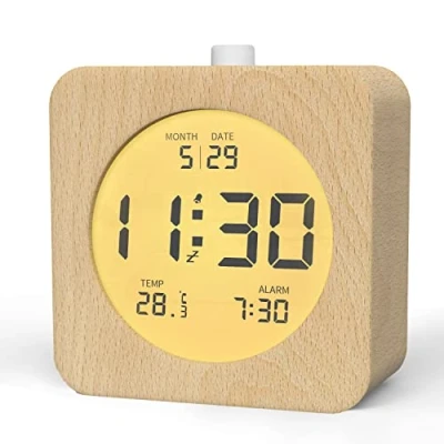 Immagine di aboveClock Sveglia Digitale, Digitale in Legno con Temperatura, Datario, Orologio da Tavolo Luce Notturna e Modulo Snooze, a Batteria (Batteria Non Inclusa)