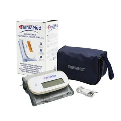 Immagine di FarmaMed Misuratore Pressione Arteriosa da Braccio Digitale Wireless, Sfigmomanometro Braccio, Diastolica e Sistolica, Frequenza Cardiaca, 90 Memorie, Schermo LCD, Ricarica USB, con Custodia