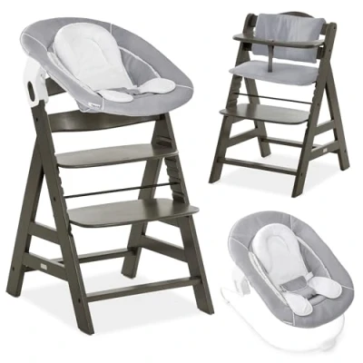 Immagine di hauck Alpha Plus Newborn Set con 2 in 1 Bouncer Seggiolone legno dalla nascita, seduta e inserto neonato Carbone