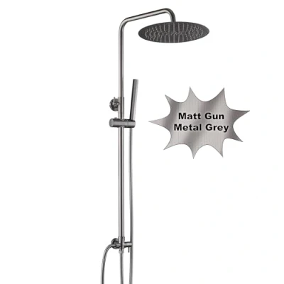 Immagine di Görbach Colonna Doccia Senza Miscelatore, Acciaio Inox 304 idromassaggio Asta Saliscendi Regolabili, Set a Pioggia con Soffione e Doccetta Mano, D30cm Grigio Canna
