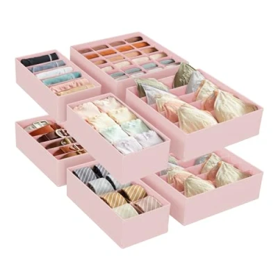 Immagine di SONGMICS Set di 8 Divisori per Cassetti, Organizzatori Biancheria Intima Pieghevole, Reggiseni Mutande Calzini Cravatte, Scatole Portaoggetti in Tessuto Armadio, Rosa RUS008P01