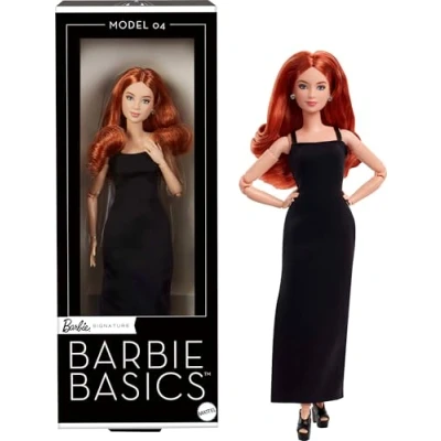 Immagine di Barbie Signature Basics Modello 04, bambola da collezione con capelli ricci rossi, mini abito e stivali, vestibilità universale, corpo petite snodato testa intercambiabile, 6+ anni, JBH74