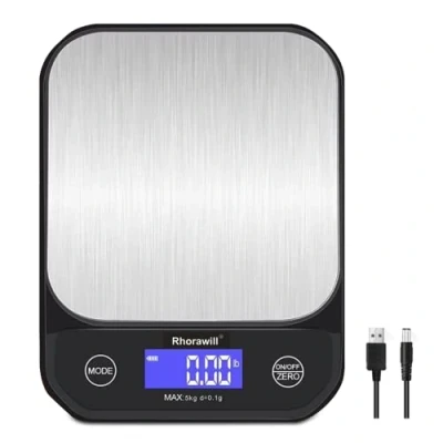 Immagine di Rhorawill bilancia da caffè, digitale cucina, ricarica USB, 5 kg/0,1 g, scala ad alta precisione, con superficie di pesatura in acciaio inox, spegnimento automatico, indicatore