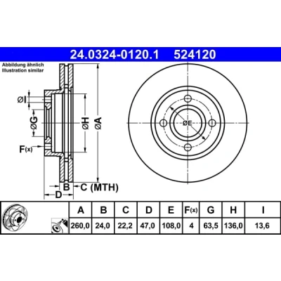 Immagine di ATE PowerDisc 24.0324 0120.1 Disco freno 260,0 24,0 4 108,0 ventilato rivestito FORD: Cougar Coupe, MONDEO 2 Kombi