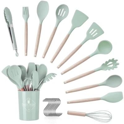 Immagine di Set di utensili cucina, 12 pezzi, da cucina con manico in silicone e legno, sani, antiaderenti, lavabili lavastoviglie, design resistente al calore.