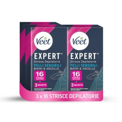 Immagine di Veet Expert Strisce Depilatorie Ascelle e Zona Bikini, Ceretta per Pelli Sensibili con Olio di Mandorla, Dermatologicamente Testate, 48 (24x2 Strisce) + 9 Salviette Post Epilazione