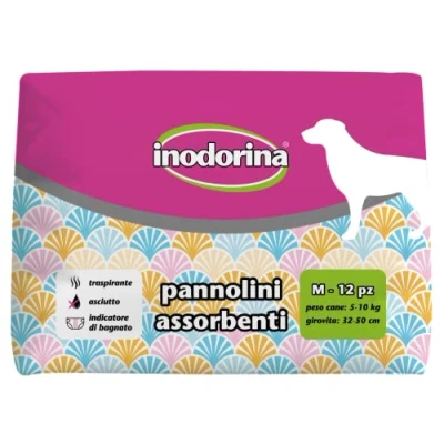Immagine di Inodorina, Pannolini Assorbenti Usa e Getta, Tecnologia Traspirante Indicatore di Bagnato, con Buco per la Coda Alette Lunghe, Cani Peso da 5 10 kg, Taglia M, 12 pezzi