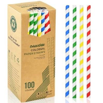 Immagine di 26 cm, extra lunga, 10 mm, grandi cannucce usa e getta in carta per frullati spessi, frappè, strisce colorate, 100 pezzi, 100% biodegradabili