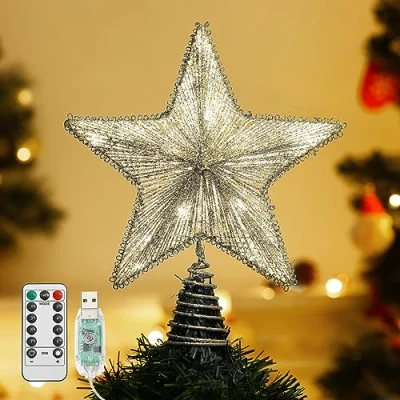 Immagine di Lewondr Puntale Albero Natale Stella Punta Natalizio con Illuminazione Luci LED a Batteria di Decorazione Natalizia Accessori per Calde, Argento