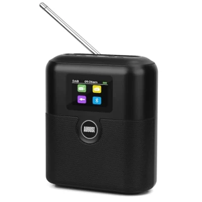 Immagine di Radio portatile DAB+ ricaricabile August MB330 DAB FM con RDS, 60 preselezioni, altoparlante Bluetooth, AUX da 3,5 mm, doppia sveglia e display LCD Nero