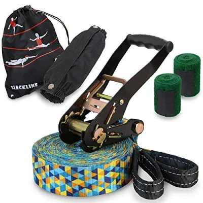 Immagine di ALPIDEX Slackline Set 15 m + protezioni per albero e protezione cricchetto, adatto bambini, principianti avanzati