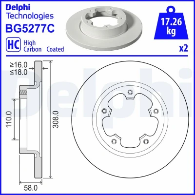 Immagine di DELPHI Disco freno FORD: Transit Mk7 Camion pianale / Telaio, Van, Bus 308mm 18mm 5 pieno BG5277C Dischi