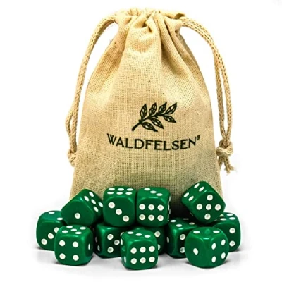 Immagine di Waldfelsen 6, 12, 20, 30 o 50 dadi di alta qualità, dimensioni standard 16 mm, acrilici, da gioco, 6 lati, set accessori gioco con sacchetto stoffa (verde, 12 pezzi)