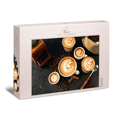 Immagine di Ulmer Puzzleschmiede Puzzle &quot;Passione del caffè&quot; classico da 1000 pezzi Motivo vario con tazze caffè, chicchi di caffè e accessori per Made in Germany