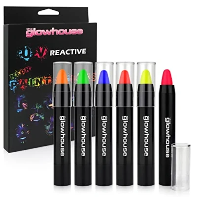 Immagine di The Glowhouse Colori per il viso e corpo in stick UV al neon (confezione da 6) Bagliore fluorescente più luminoso sotto i raggi UV!