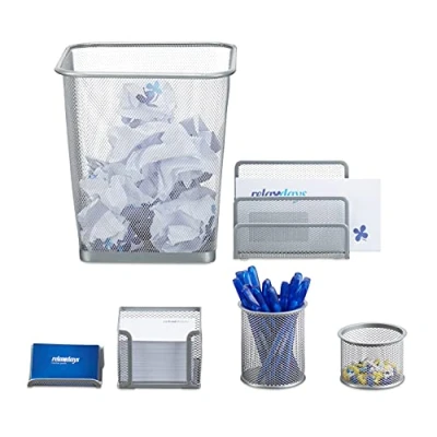 Immagine di Relaxdays Set da Scrivania, Cancelleria Ufficio, 6 Accessori, Portadocumenti, Porta Foglietti, Portapenne, Argentato