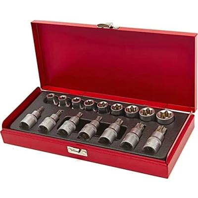 Immagine di Set di 16 Pezzi Chiavi a Bussola Torx Maschio e Femmina E10 E24 T30 T70 Attacco 1/2&quot; in Valigetta