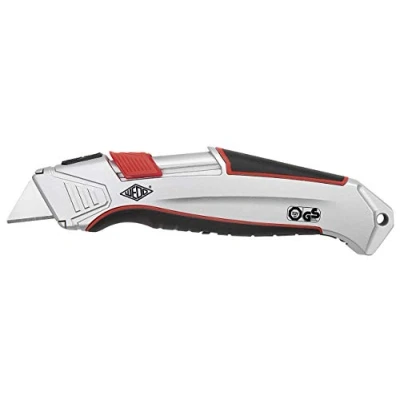 Immagine di Wedo 078825 78825 Cutter Di Sicurezza In Alluminio Con Meccanismo Automatico Ritorno Della Lama, Alloggiamento Leggero, Impugnatura Gomma Integrata, Argento / Nero Rosso