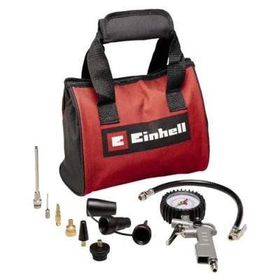 Immagine di Einhell Set di 10 pezzi per aria compressa con borsa (accessori compressore, 1 ugello adattatore pistola scarico, coltello gonfiaggio, 8 adattatori custodia