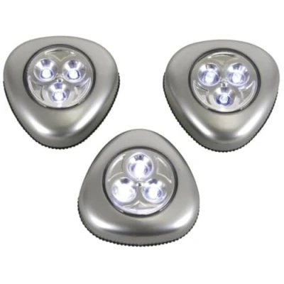 Immagine di Perel Lampade LED autoadesive, set da 3, con pulsante di accensione/spegnimento facile, 3 batterie alcaline, per lampada, wireless, posizionamento flessibile nell&#039;armadio, nello spogliatoio, nel