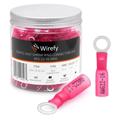 Immagine di Wirefy 150 PZ Connettori Occhiello M5 Kit Terminali Anello Termoretraibili Capicorda Elettrici Crimpare Rosso 0,34 1,5 mm²