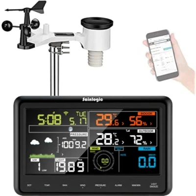 Immagine di Sainlogic Stazione Meteorologica WLAN Professionale con Sensore Esterno ad Energia Solare, Collettore di Pioggia, Previsioni del Tempo, Indicatore Vento, Wunderground