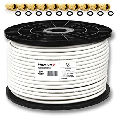 Immagine di PremiumX Professionale Set Cavi Coassiali da 100m Satkabel Bianco Rame Puro Antennenkabel Schermato 4 vie 10 Connettori F Inclusi Supporta 8K, 4K UHD &amp; 3D per Sat, Cavo, DVB T