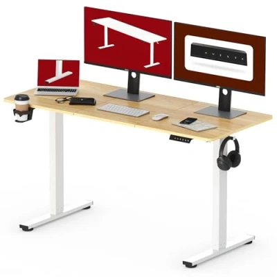 Immagine di SANODESK 140x60cm Scrivania Regolabile in altezza, Standing Desk, elettrica per Computer con Gancio, Blocco Bambini, Funzione di Memoria Ufficio e Casa Acero
