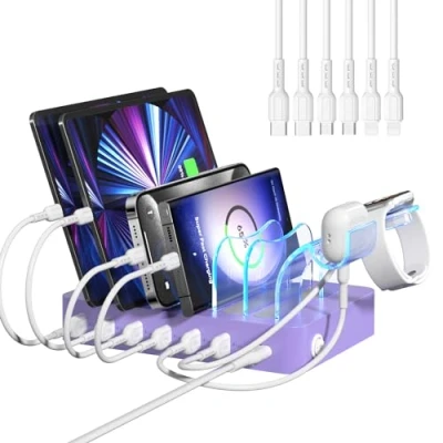 Immagine di SooPii Stazione di Ricarica per Dispositivi Multipli, Multipla da 50W a 6 Porte con Supporto Caricabatterie i Watch 2 in 1 e Cavi Progettato Telefoni lPad (Viola)