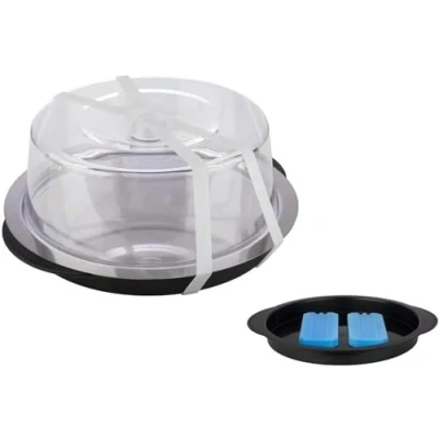 Immagine di APS Thermo Tray Set, set composto da 1 vassoio robusto, in acciaio inossidabile, 2 accumulatori di raffreddamento, cofano freschezza, Ø 35 cm, altezza 15 nero