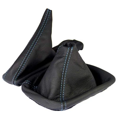 Immagine di L &amp; P Car Design L&amp;P A0183 Set Cuffia Leva Cambio e Freno a Mano BMW E46 Vera Pelle Nero Cucitura Blu