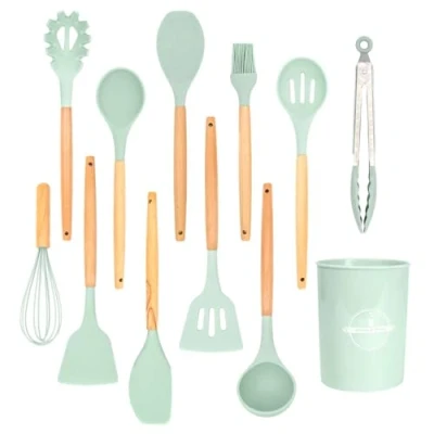 Immagine di Intirilife Juego de 12 utensilios cocina silicona Verde Menta 12.5 x 32.5 cm Cubiertos antiadherentes y resistentes al calor con cuchara, pinzas, batidor, espátula, pincel