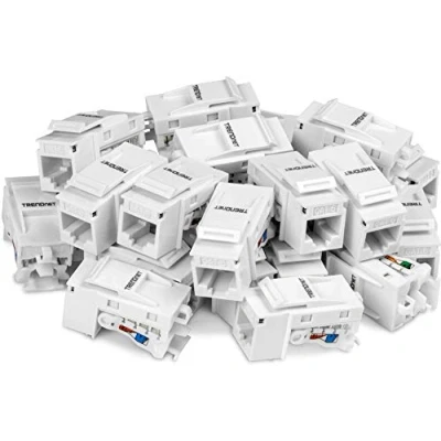 Immagine di TRENDnet Cat6 Keystone Jack Confezione da 25 terminazioni ad angolo di 90, etichettatura codificata a colori per cablaggio T568B, TC K25C6, bianco