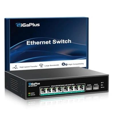 Immagine di switch PoE non gestito a 10 porte 2.5Gb con 8 Base T 2.5G, 2 uplink SFP+ 10G, 802.3af/at (PoE+), capacità di commutazione 80Gbps, GigaPlus per NAS/PC 2.5Gb, router WiFi6