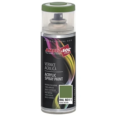 Immagine di Ambro Sol V4006011 Smalto Acrilico Multiuso, Vernice Brillante per Interni ed Esterni, Adatto Qualsiasi Tipo di Materiale, Bomboletta Spray in Banda Stagnata Riciclabile 400 ml, Verde Reseda