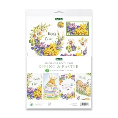 Immagine di Katy Sue Designs fogli fustellati per decoupage primaverili e pasquali, confezione da 12 realizzare biglietti, con narcisi, fiori, coniglietti pasquali pulcini