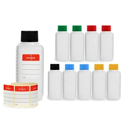 Immagine di 10x 100 ml bottiglie in plastica Octopus, HDPE con tappi a vite variopinti, vuote coperchi colorati, quadre etichette compilabili incluse