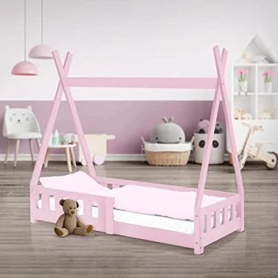 Immagine di ML Design Lettino per Bambini Teepee con Sponde Protezione Anticaduta Recinzione Rete a Doghe 70 x 140 cm Letto Tenda Indiana da Gioco in Legno di Pino Massiccio Rosa Cameretta Casa
