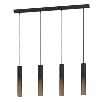 Immagine di Eglo Barbotto Lampada LED a sospensione 4 luci, da appendere sopra il tavolo pranzo con illuminazione indiretta, in metallo nero e aspetto legno, lampadina GU10, luce bianca calda