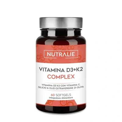 Immagine di Vitamina D3 + K2 MK7 Alto Dosaggio Contribuisce al Sistema Immunitario, Ossa e Muscoli con D3, K2, Harpagophytum, Calcio, Silicio Zinco 60 Capsule Nutralie (senza additivi)