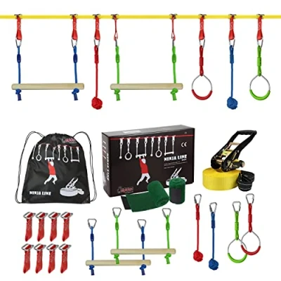 Immagine di ALPIDEX Ninja Warrior Set Gioco Bambini Slackline Percorso Sospeso Ostacoli Anelli Ginnastica Nodi Corda Altalena Scaletta Accessori, Stil:Basic