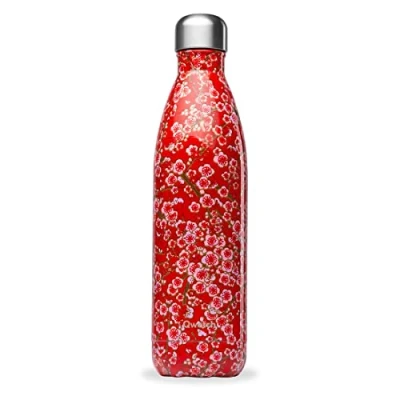 Immagine di Qwetch Bottiglia isolata in acciaio inox Fiori Rosso 750ml 24h fredda e 12h calda impermeabile, senza BPA riutilizzabile per lo sport, i viaggi l&#039;ufficio