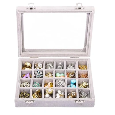 Immagine di Kurtzy Organizer Gioielli Espositore Anelli in Velluto Grigio (24 Griglie) L20,2 x P15,1 A4,6 cm Porta con Coperchio Vetro per Anelli, Orecchini e Braccialetti