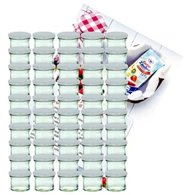 Immagine di Set di 50 vasetti in vetro da 125 ml vetro, To 66, per conserve e marmellate frutta, con coperchio bianco quaderno ricette