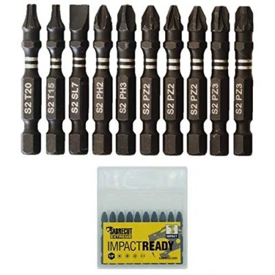 Immagine di 10 x SabreCut SCPC50_10 50 mm PZ2 PZ3 PH2 PH3 SL7 T15 T20 Set di punte per cacciavite a percussione punta singola Pozidriv POZI Phillips n. 2 3 Torx 15 20 impieghi gravosi con custodia