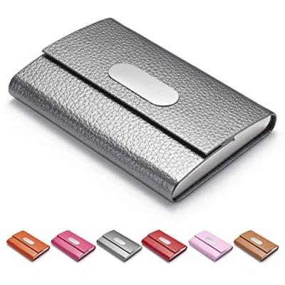 Immagine di FACATH porta biglietti da visita per le donne, in pelle PU e acciaio inox, metallo con chiusura magnetica, colore: Grigio