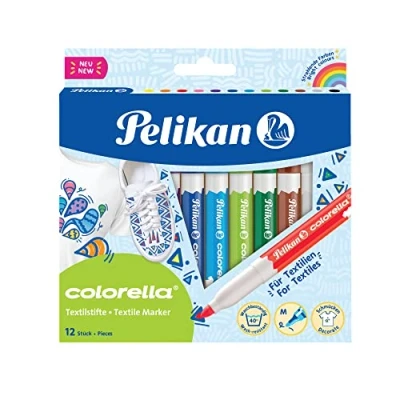 Immagine di Pelikan 814584 Set Pennarelli, per Tessuto, Colorella Textile, Kit 12 Colori, Punta Media, Disegnare sui Tessuti, Resistenti all&#039;Acqua, Tappo Antisoffocamento